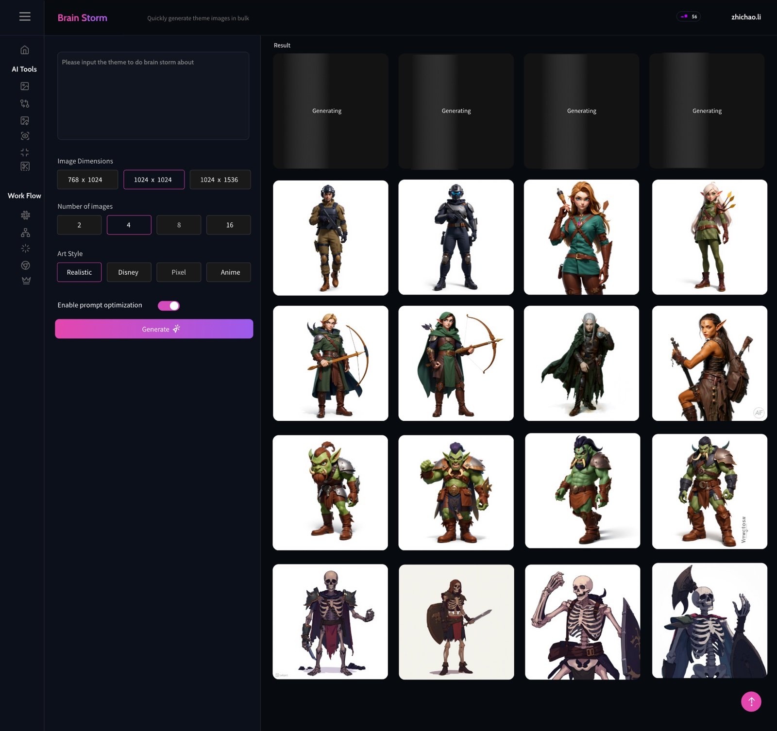 Brain Storm tool generating themed character concepts in bulk