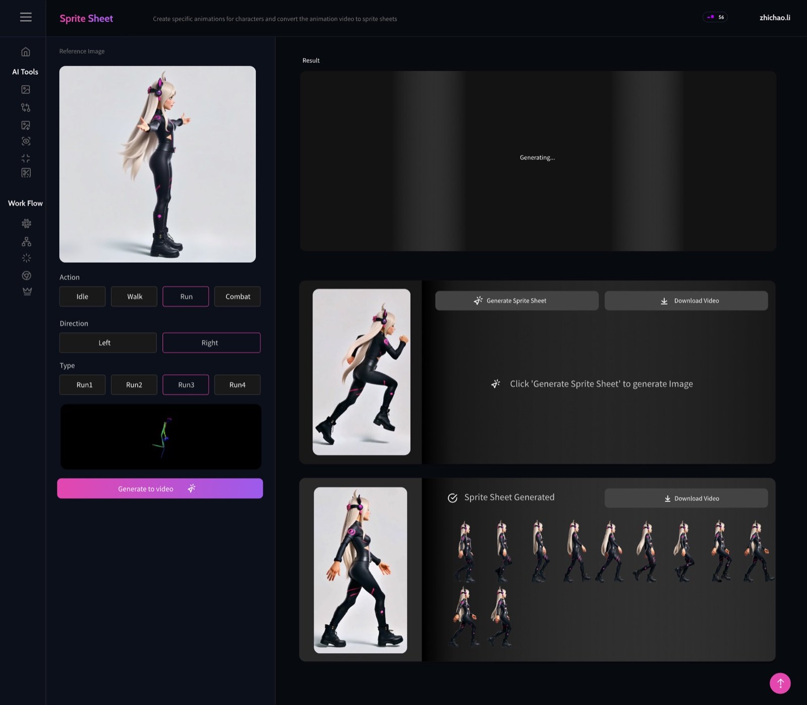 Sprite Sheet tool generating idle, walk, run, and combat animations from a reference image